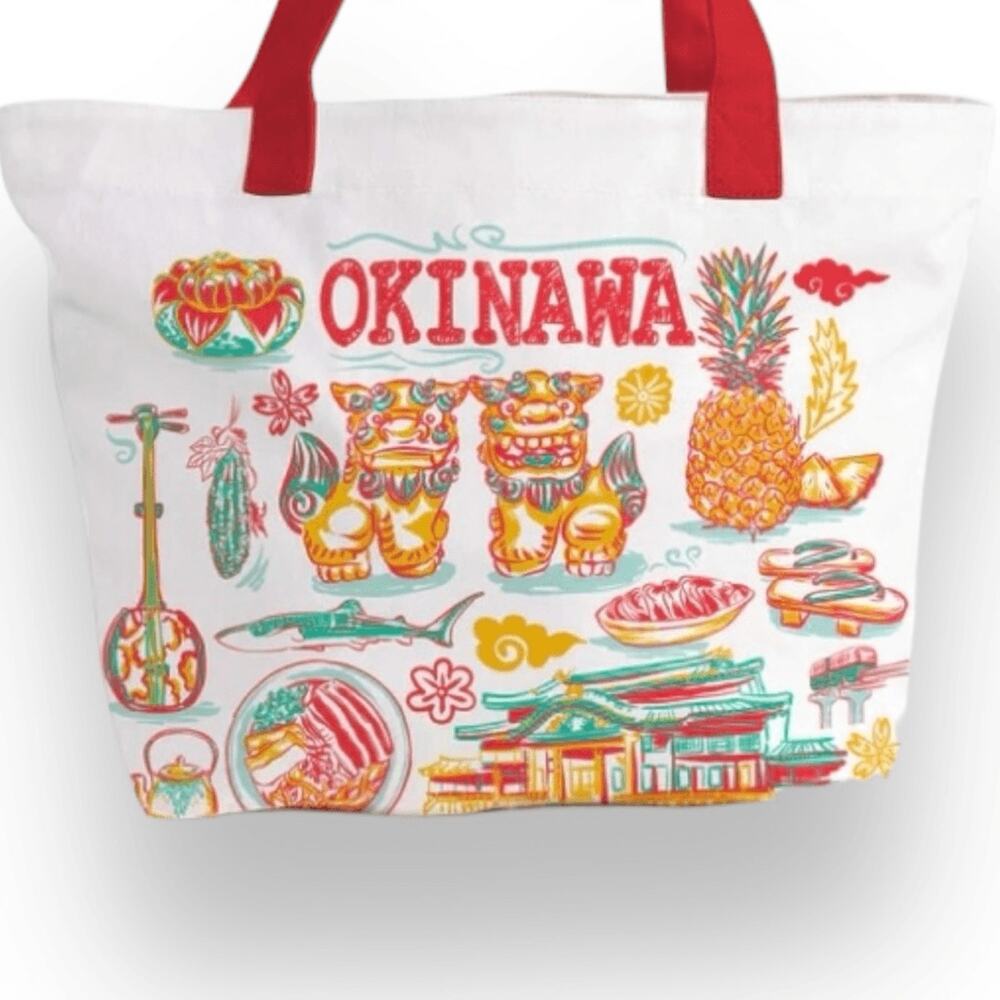 Whereto Okinawa Travel Souvenir Canvas Tote Bag Red Strap Japan Beach Market Bag